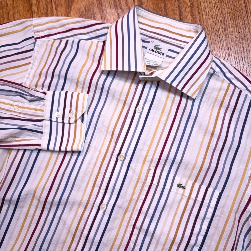 Lacoste Dress Shirt Mens 42 White Multi Color Stripe Long Sleeve Button Up Logo